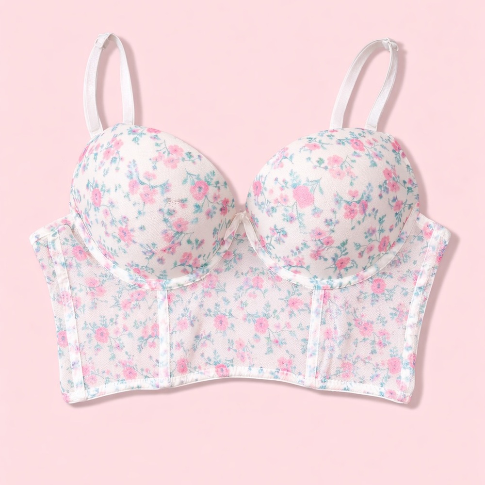 Floral Mesh Longline Push-Up Bra Corset White 34B Cottagecore Coquette‎ Bundle